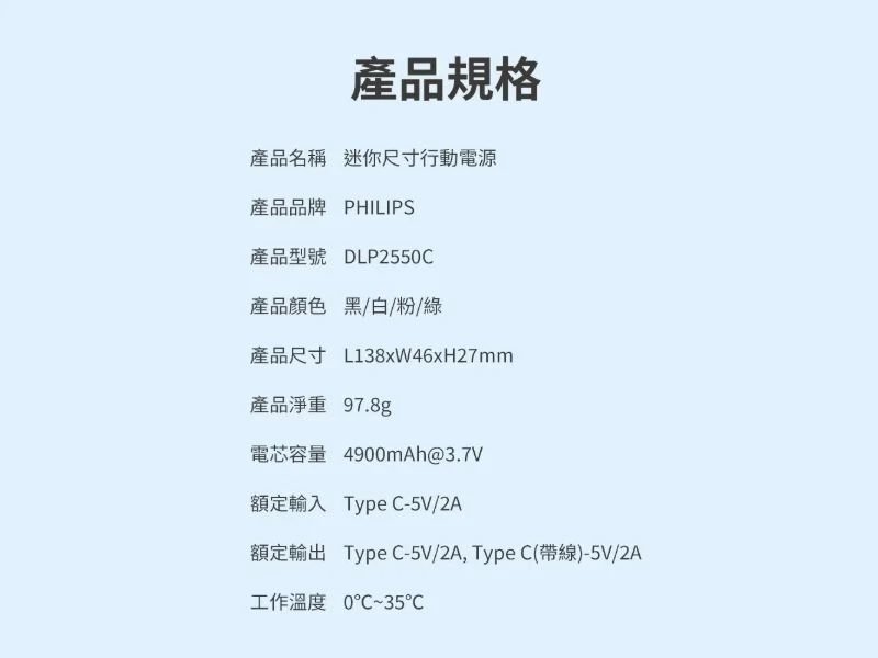 GJ1-003-PHILIPS飛利浦 口袋行動電源(TypeC) DLP2550C細節