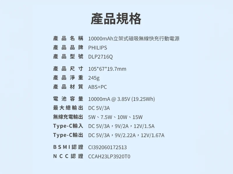 PHILIPS 飛利浦 10000mAh 立架式磁吸無線快充行動電源 DLP2716Q 規格